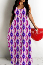 Purple Sexy Geometric Print Pocket Contrast O Neck Printed Dresses