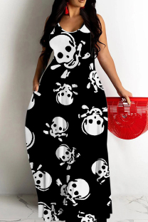 Black And White Sexy Skull Head Striped Print Pocket Contrast O Neck Printed Dresses