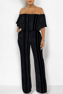 Black Gray Sexy Striped Print Pocket Flounce Contrast Off Shoulder Jumpsuits