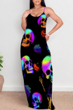 Black And White Sexy Skull Head Striped Print Pocket Contrast O Neck Printed Dresses