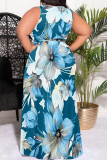 Black Casual Floral Print Lace Up Slit V Neck Printed Plus Size Dresses
