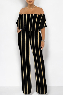 Black Sexy Striped Print Pocket Flounce Contrast Off Shoulder Jumpsuits