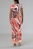 Orange Casual Geometric Print Contrast O Neck One Step Skirt Dresses