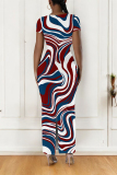 Orange Casual Geometric Print Contrast O Neck One Step Skirt Dresses