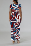 Orange Casual Geometric Print Contrast O Neck One Step Skirt Dresses