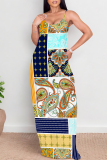 Multicolor Sexy National Totem Print Pocket Contrast O Neck Long Dresses