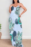 Multicolor Sexy National Totem Print Pocket Contrast O Neck Long Dresses