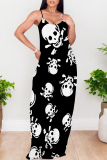 Black And White Sexy Skull Head Striped Print Pocket Contrast O Neck Printed Dresses