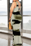 Blue White Casual Geometric Print Backless Contrast O Neck One Step Skirt Dresses