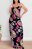 Multicolor Sexy National Totem Print Pocket Contrast O Neck Long Dresses