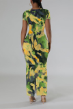 Orange Casual Geometric Print Contrast O Neck One Step Skirt Dresses