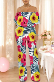 Pink Sexy Floral Print Flounce Contrast Off Shoulder Loose Jumpsuits