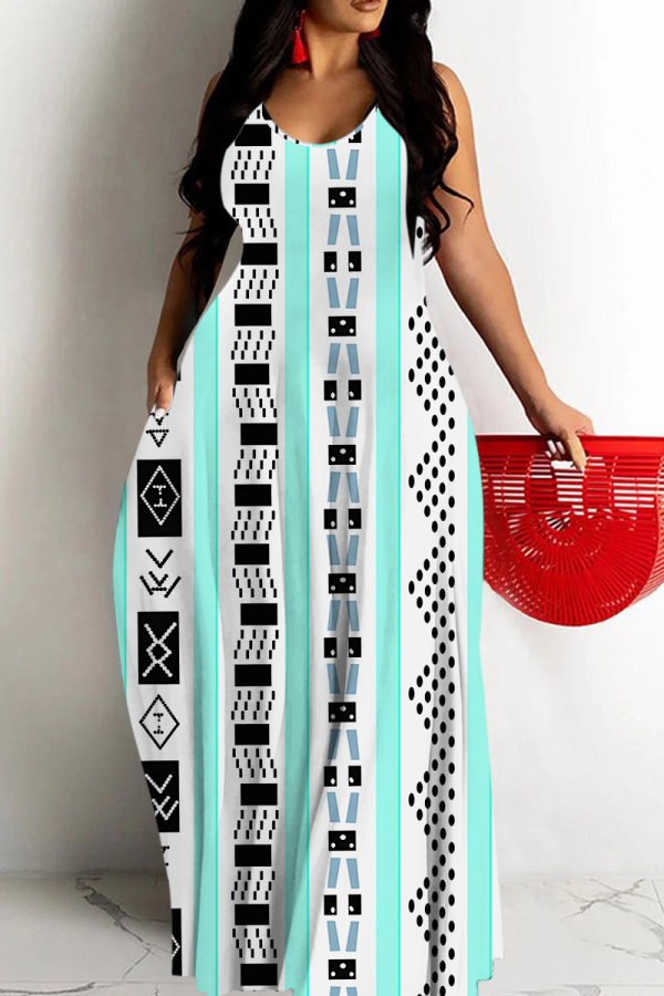 Blue White Sexy Geometric Print Pocket Contrast O Neck Printed Dresses
