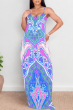 Multicolor Sexy National Totem Print Pocket Contrast O Neck Long Dresses