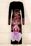 Black Elegant Flowers Print Contrast O Neck Printed Dresses