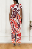 Orange Casual Geometric Print Contrast O Neck One Step Skirt Dresses