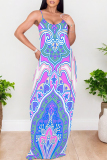 Multicolor Sexy National Totem Print Pocket Contrast O Neck Long Dresses