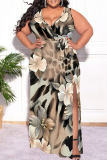 Black Casual Floral Print Lace Up Slit V Neck Printed Plus Size Dresses