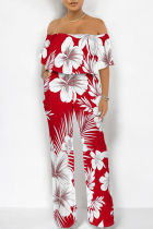 Red Sexy Floral Print Flounce Contrast Off Shoulder Loose Jumpsuits