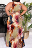Black Casual Floral Print Lace Up Slit V Neck Printed Plus Size Dresses