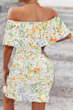 Blue Sexy Floral Print Flounce Contrast Off Shoulder Printed Dresses