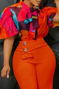 Red Casual Print Belted Tie Neck Tops