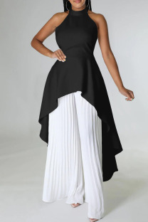 Black White Casual Solid Color Backless Ruched Irregular Halter Sleeveless Two Pieces