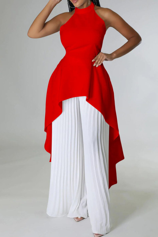 Red White Casual Solid Color Backless Ruched Irregular Halter Sleeveless Two Pieces
