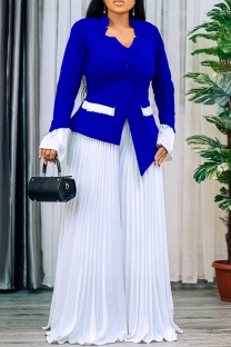Blue Casual Solid Color Buttons Patchwork Contrast V Neck Long Sleeve Two Pieces
