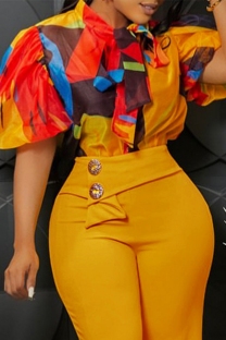 Yellow Casual Print Belted Tie Neck Tops
