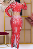 Red Elegant Patchwork Slit Hot Drill O Neck Long Sleeve Two Pieces