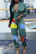 Army Green Casual Print Patchwork Zipper Contrast Zipper Collar Regular Jumpsuits