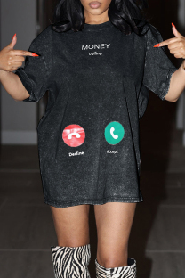 Black Casual Daily Print Basic O Neck T-shirt Dresses