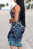 Navy Blue Sexy Geometric Print Contrast U Neck Printed Dresses