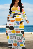 White Casual Geometric Print Pocket Contrast O Neck Printed Dresses
