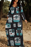 White Casual Geometric Print Pocket Contrast O Neck Printed Dresses