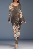 Grey Elegant Floral Print Contrast O Neck Printed Dresses