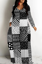 Black And White Casual Geometric Print Pocket Contrast O Neck Printed Dresses