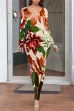 Grey Elegant Floral Print Contrast O Neck Printed Dresses