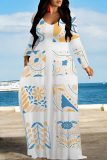 White Casual Geometric Print Pocket Contrast O Neck Printed Dresses