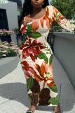 Grey Elegant Floral Print Contrast O Neck Printed Dresses