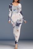 Grey Elegant Floral Print Contrast O Neck Printed Dresses