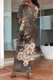 Grey Elegant Floral Print Contrast O Neck Printed Dresses