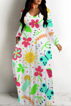 White Casual Flowers Print Pocket Contrast O Neck Printed Dresses