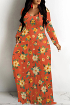 Tangerine Red Casual Flowers Print Pocket Contrast O Neck Printed Dresses