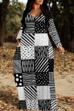White Casual Geometric Print Pocket Contrast O Neck Printed Dresses