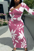 Rose Purple Elegant Floral Print Contrast O Neck Printed Dresses
