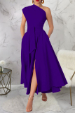 Blue Casual Solid Color Slit Oblique Collar Long Dresses