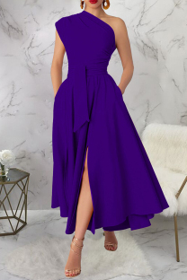 Purple Casual Solid Color Slit Oblique Collar Long Dresses