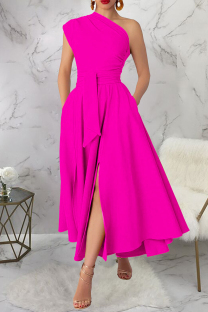 Rose Red Casual Solid Color Slit Oblique Collar Long Dresses